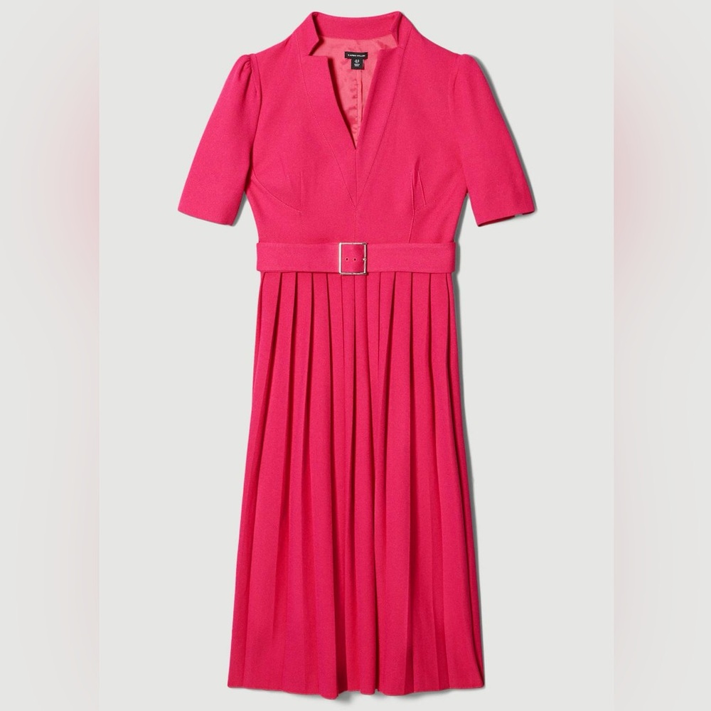 Karen Millen Tailored Structured Crepe Forever Pleat Midi Dress in Magenta Pink